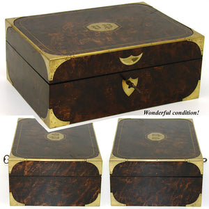 Museum Antique Napoleon Era Campaign Dressing Box, Rich Burl & Brass Inlay