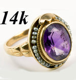 Antique Edwardian 14k Gold, Seed Pearl and 11mm x 8mm Facet-cut Amethyst