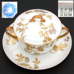 Antique French Limoges Covered Chocolate, Bouillon or Sugar Bowl & Underplate, Raised Gold Enamel