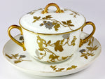 Antique French Limoges Covered Chocolate, Bouillon or Sugar Bowl & Underplate, Raised Gold Enamel