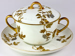 Antique French Limoges Covered Chocolate, Bouillon or Sugar Bowl & Underplate, Raised Gold Enamel