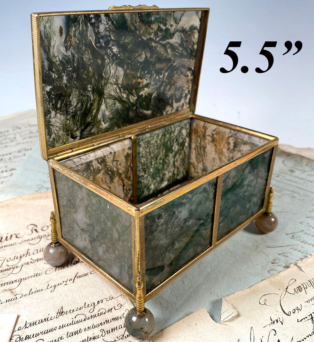 RARE 5.5” Large Antique German Moss Agate Jewelry, Specimen or Snuff Box, 19th c Idar-Oberstein
