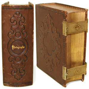 Antique Victorian Era Tooled Leather Carte d’Visite or Photo Album, Bronze Strap Clasps