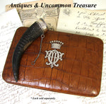 Fantastic Antique Victorian Era 10” Alligator Case or Etui, Sterling Crown & Monogram