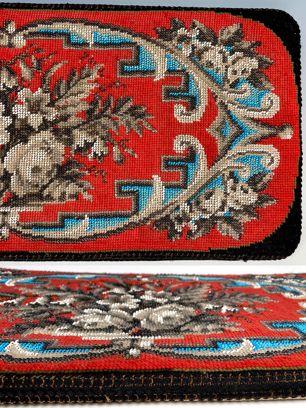 Fine Antique Victorian Era Needlepoint and Beadwork 23" x 10" Panel, Tapestry Ready for Pillow Project