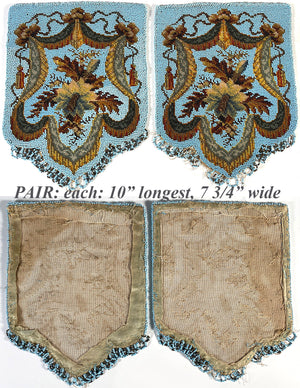 Superb Pair (2) Matching Antique Victorian Beadwork Needlepoint Panels, Once Fire Screens, Ready to be Pillow Tops