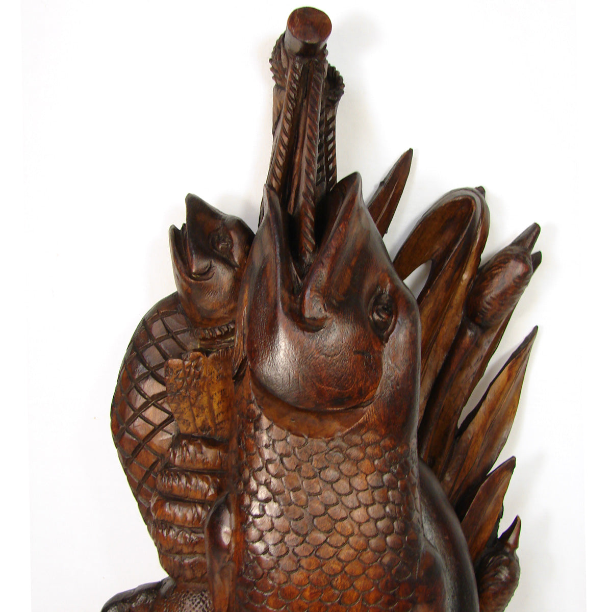 Antique Victorian to Edwardian Era Black Forest Style Carved 16.5” Plaque, Maritime Fish Theme