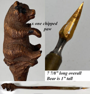 Antique 19th Century Hand Carved Swiss Black Forest 8" Long Dip Pen with 1" Tall Bear