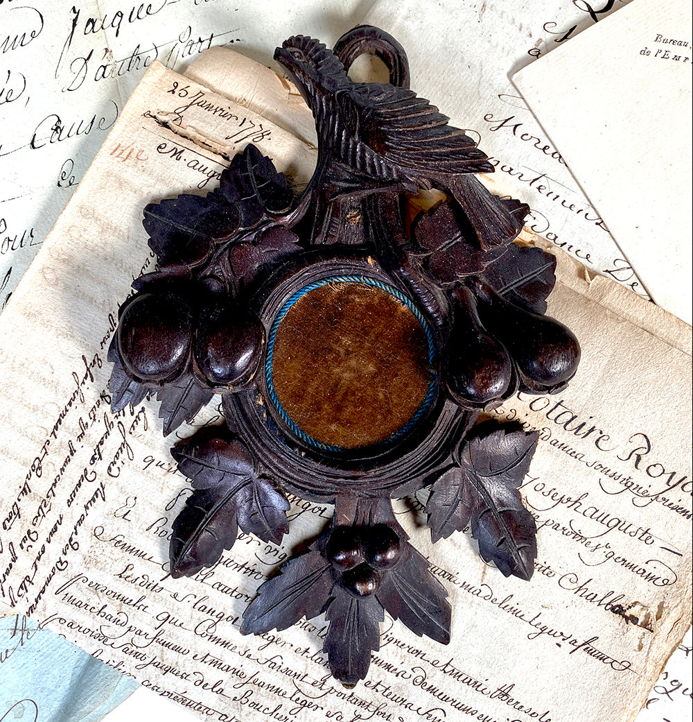 Antique Black Forest Carved Pocket Watch or Pendant Display, Bird & Foliage