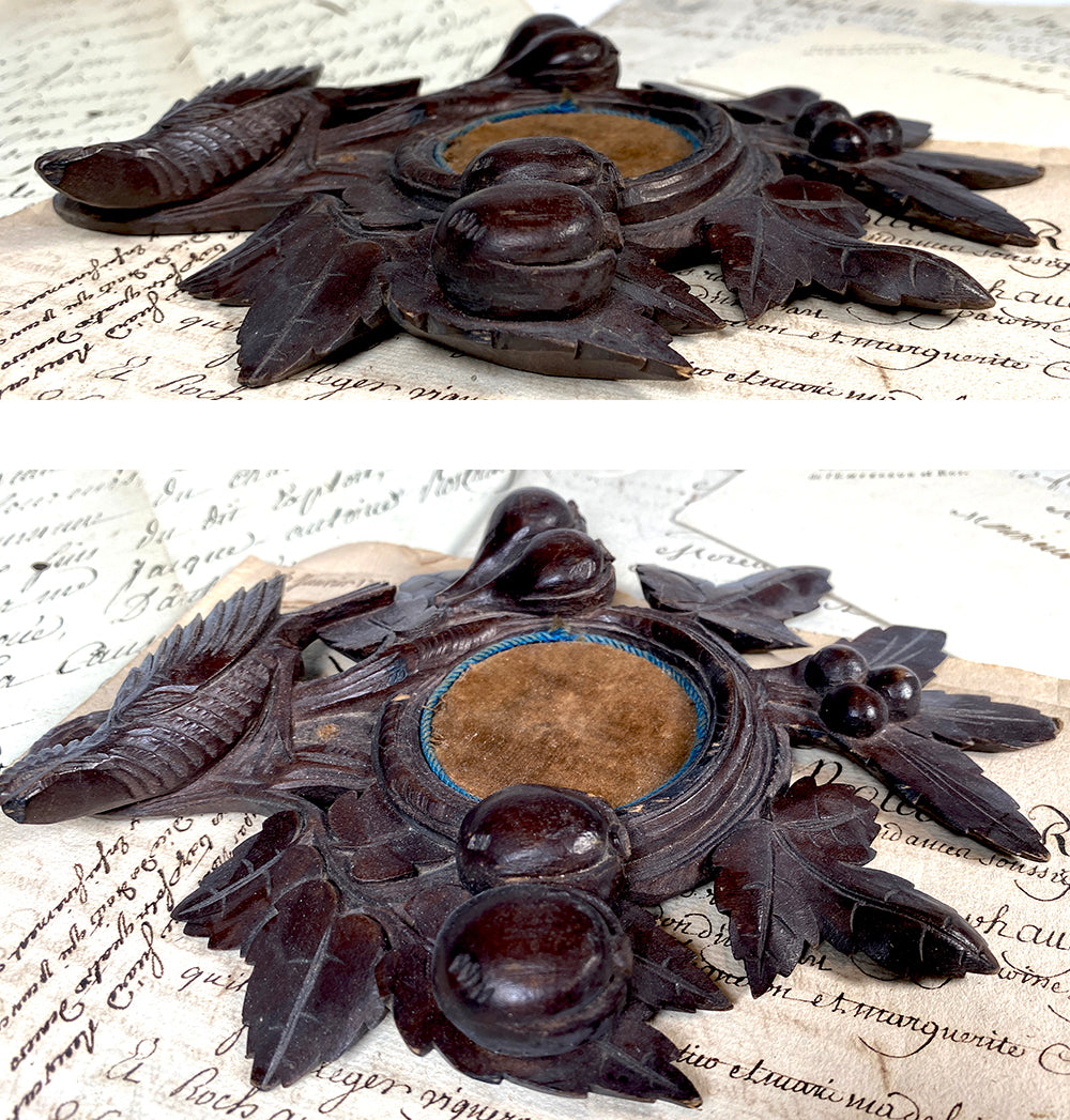 Antique Black Forest Carved Pocket Watch or Pendant Display, Bird & Foliage