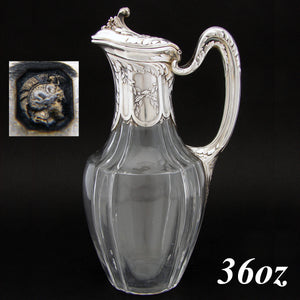 Elegant Antique French Sterling Silver & Glass 36oz Wine or Claret Jug, Laurel & Acanthus