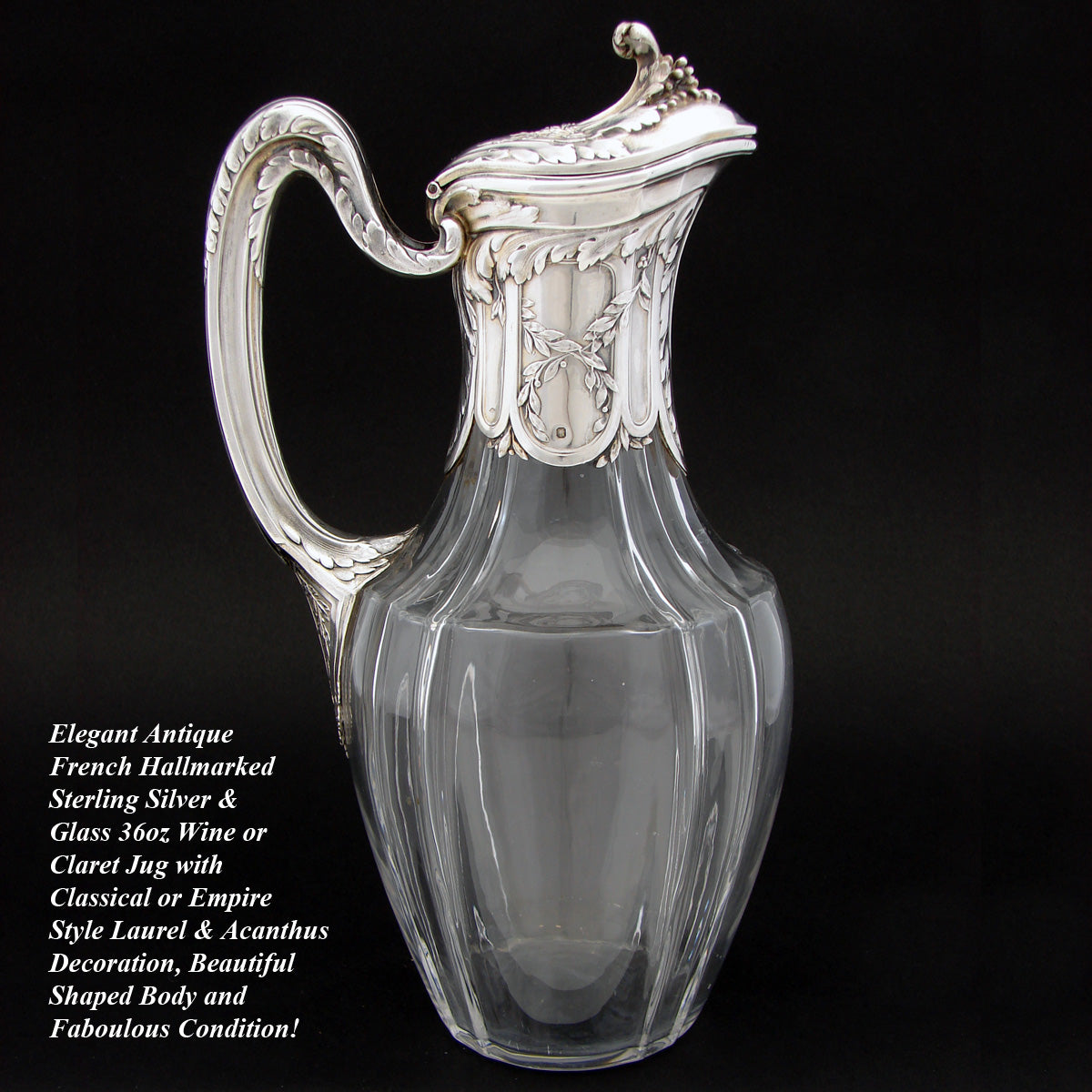 Elegant Antique French Sterling Silver & Glass 36oz Wine or Claret Jug, Laurel & Acanthus