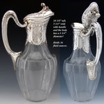 Elegant Antique French Sterling Silver & Glass 36oz Wine or Claret Jug, Laurel & Acanthus