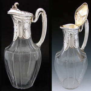 Elegant Antique French Sterling Silver & Glass 36oz Wine or Claret Jug, Laurel & Acanthus