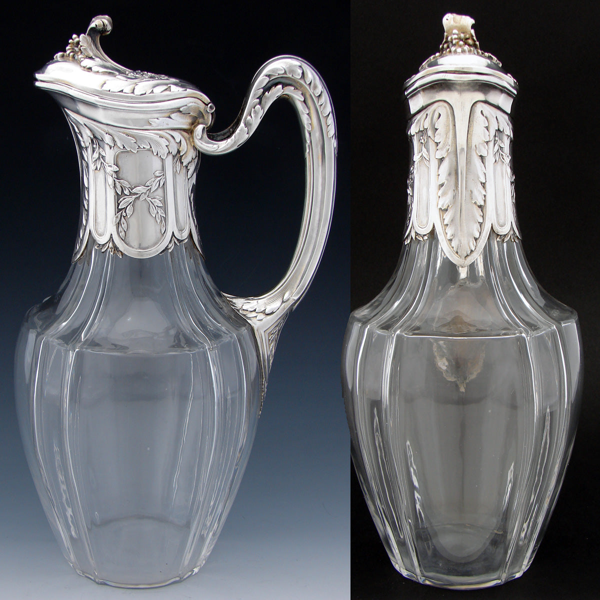 Elegant Antique French Sterling Silver & Glass 36oz Wine or Claret Jug, Laurel & Acanthus