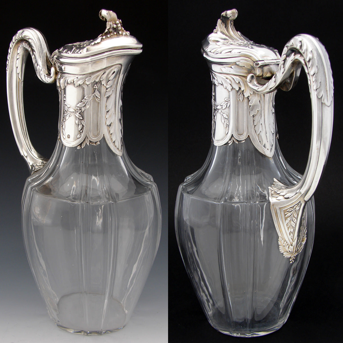 Elegant Antique French Sterling Silver & Glass 36oz Wine or Claret Jug, Laurel & Acanthus