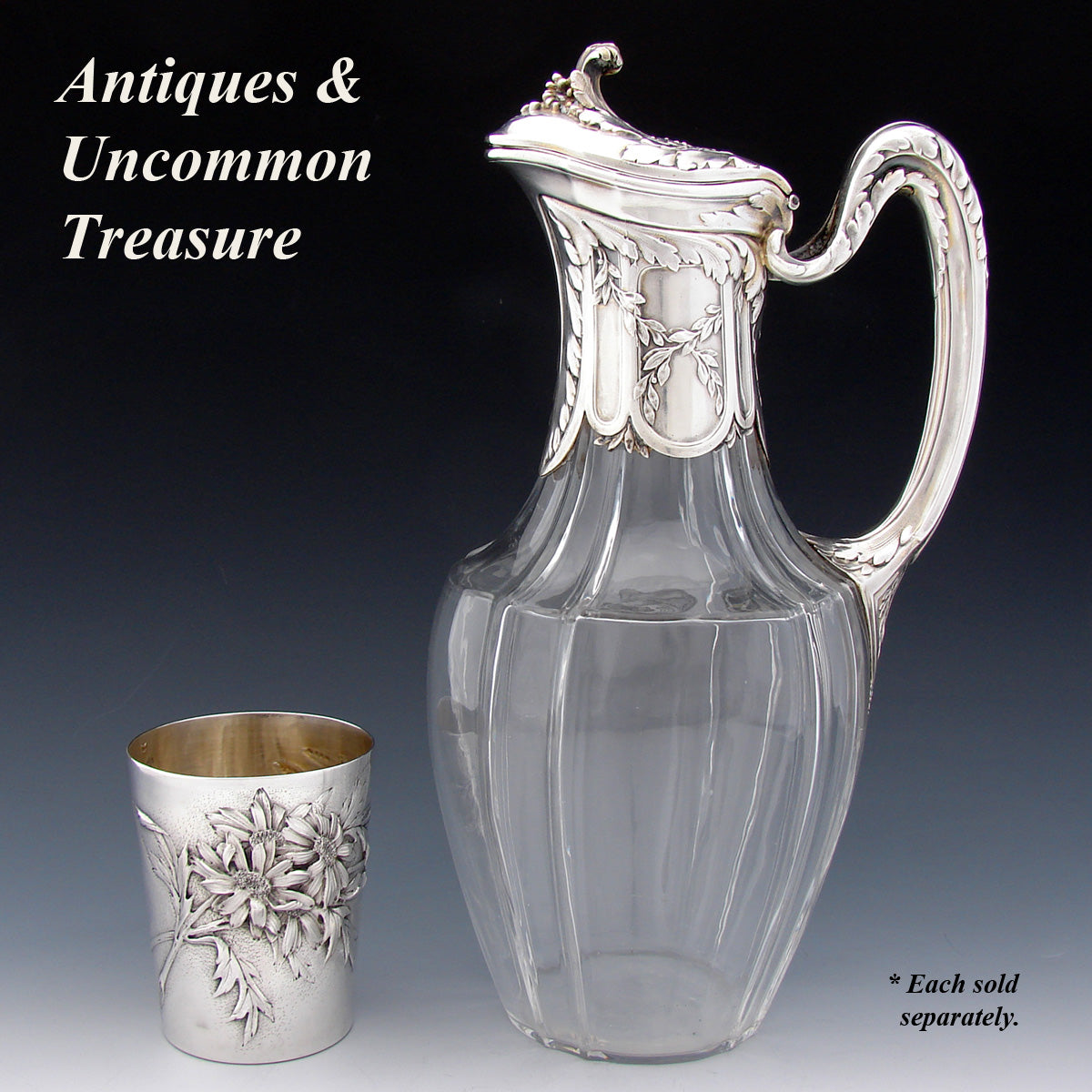 Elegant Antique French Sterling Silver & Glass 36oz Wine or Claret Jug, Laurel & Acanthus