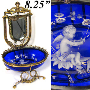Antique French Napoleon III Era 8.25” “Vide Poche”, Jewelry or Trinket Dish, Vanity Style Beveled Mirror & Mary Gregory Style Raised Enamel Cherub or Putti Decoration