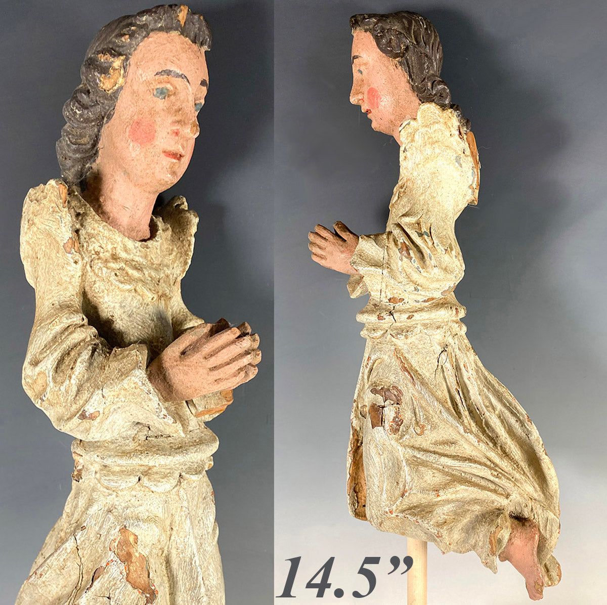 Antique French Carved and Polychromed 14.5" Kneeling Angel, 18th Century Sculpture Fragment