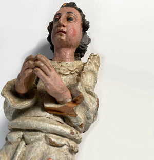 Antique French Carved and Polychromed 14.5" Kneeling Angel, 18th Century Sculpture Fragment