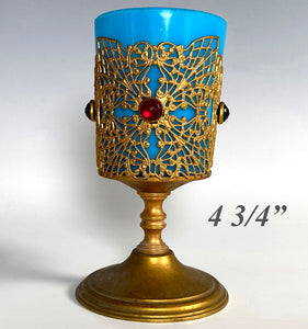 Antique French Blue Opaline and Jeweled Stand Goblet or Votive Candle Stand, Ormolu