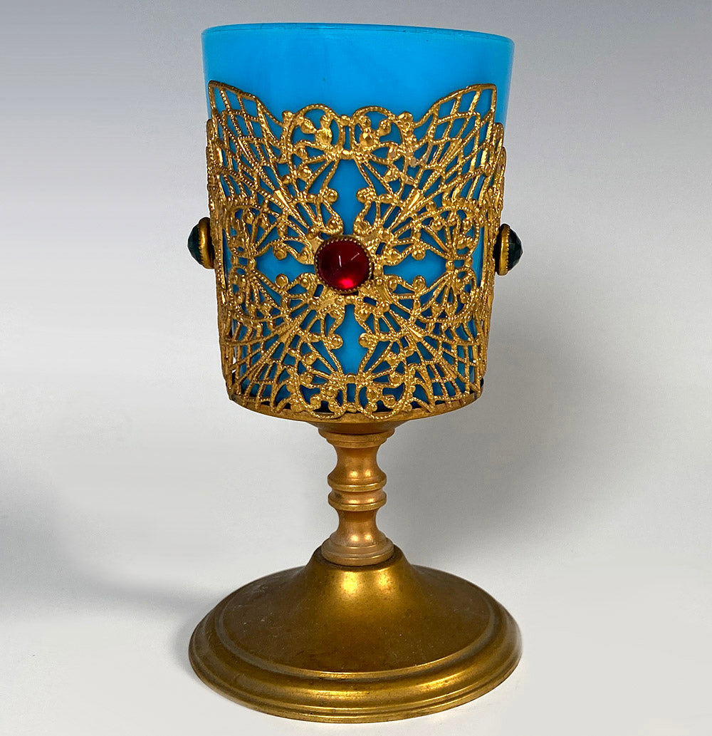 Antique French Blue Opaline and Jeweled Stand Goblet or Votive Candle Stand, Ormolu