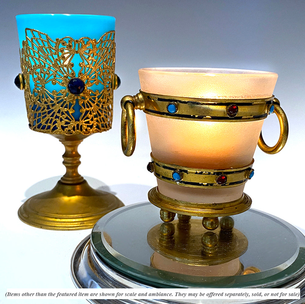 Antique French Opaline and Jeweled Stand Petit Planter or Votive Candle Stand, Dore Bronze