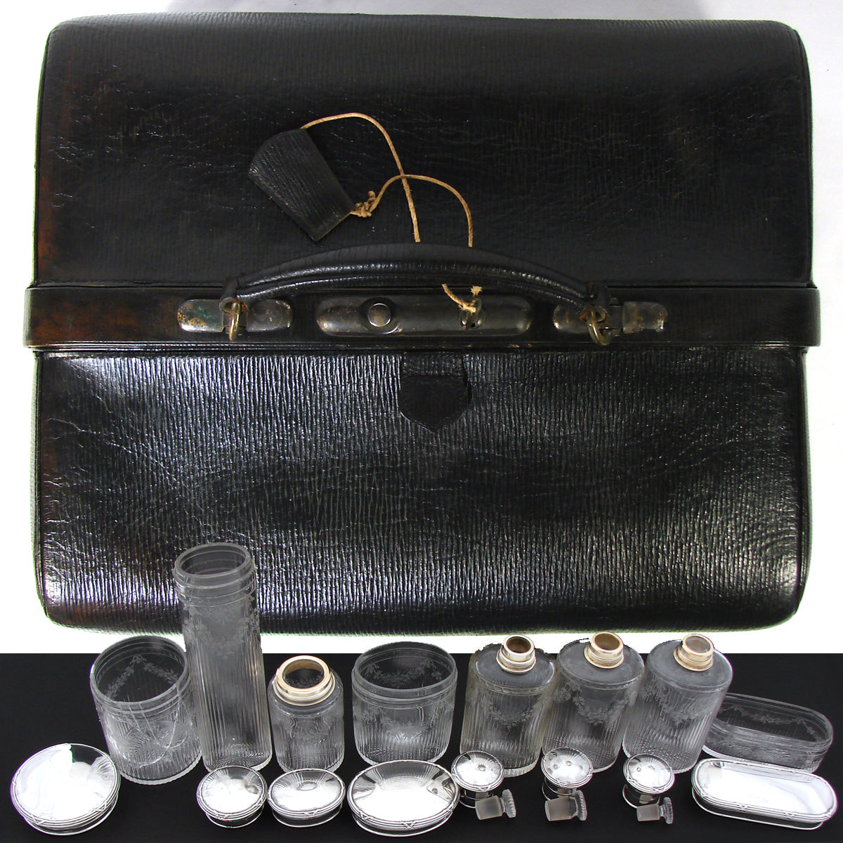 Large Antique Victorian Era 14.75” Black Epi Style Leather Travel Case, Marked “Au Depart, Paris”