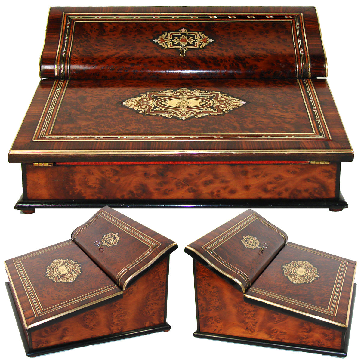 Large 13.5" Wide Antique French Writer's Cabinet, Lap Desk, Ecritoire, Burled Veneers & Boulle Style Inlay
