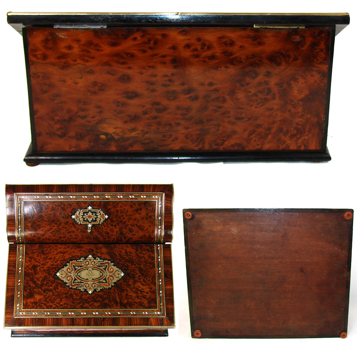 Large 13.5" Wide Antique French Writer's Cabinet, Lap Desk, Ecritoire, Burled Veneers & Boulle Style Inlay