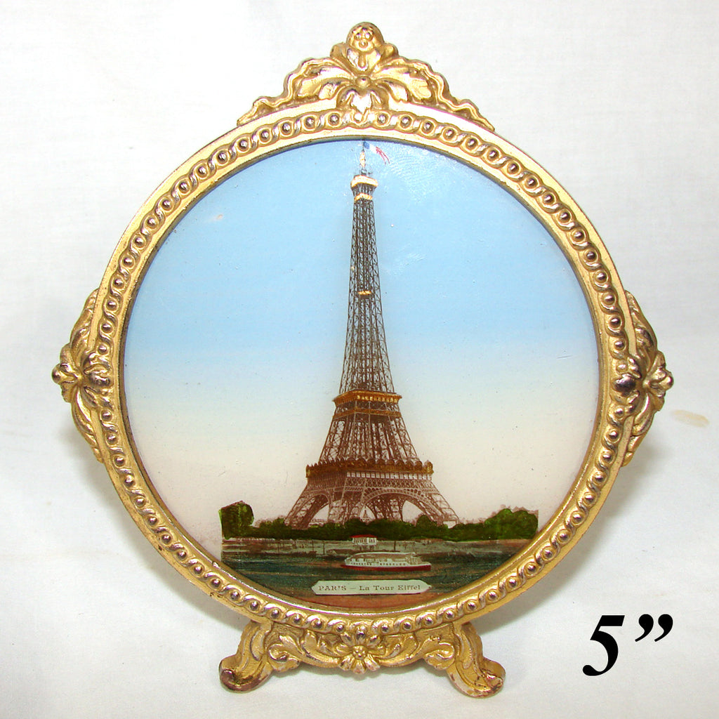 Antique French 1889 Paris Exposition Universelle Souvenir, Reverse Painted Glass Eiffel Tower in Gilt Ormolu Frame