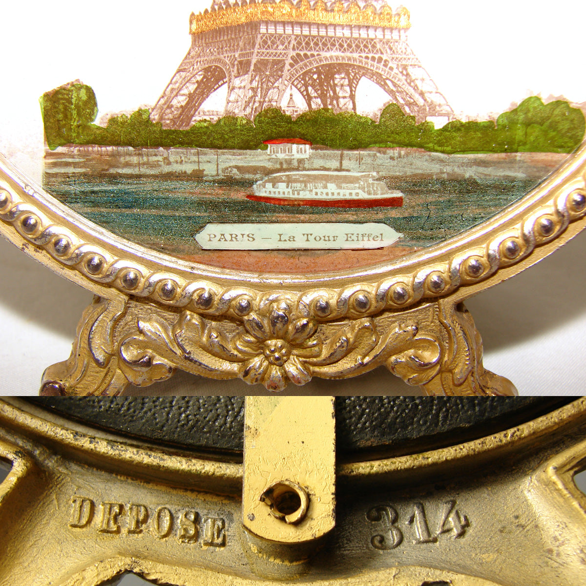 Antique French 1889 Paris Exposition Universelle Souvenir, Reverse Painted Glass Eiffel Tower in Gilt Ormolu Frame