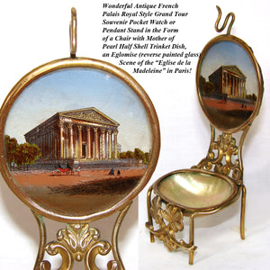 Antique French Palais Royal Grand Tour Style Souvenir Pocket Watch Stand, Mother of Pearl Dish: The Madeleine, Paris