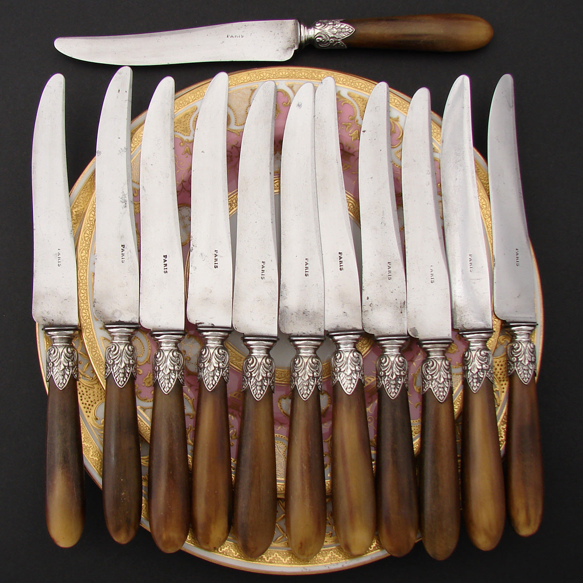 Antique French Empire Style 27pc Dinner Knife Set, Genuine Horn & Silver  Handles