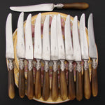 Complete Antique French Horn Handled 29pc Table Knife & Serving Utensil Set, Original Box/Chest