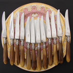 Complete Antique French Horn Handled 29pc Table Knife & Serving Utensil Set, Original Box/Chest