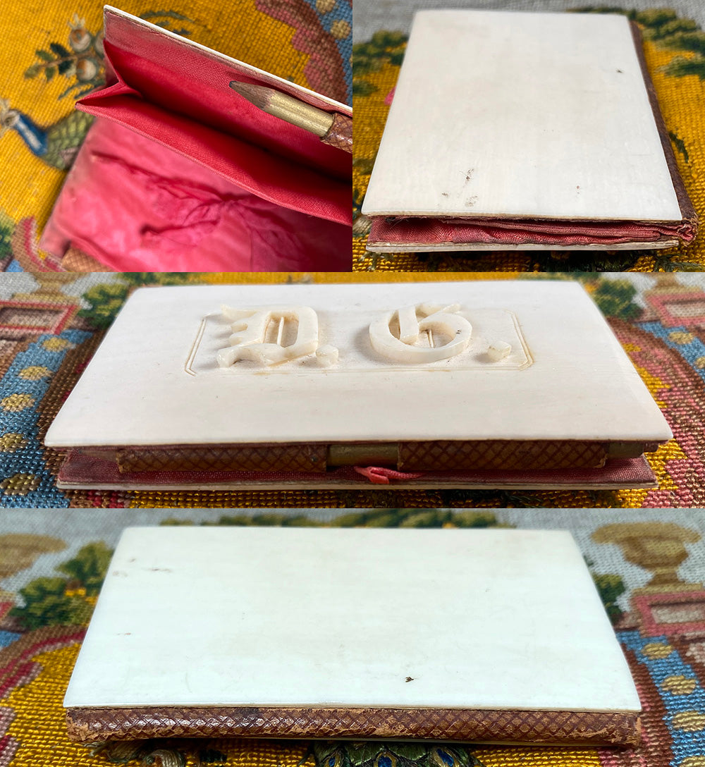 Antique c.1840 French Card Case, Aide d'Memoire, Carnet du Bal in Ivory, Leather, Silk