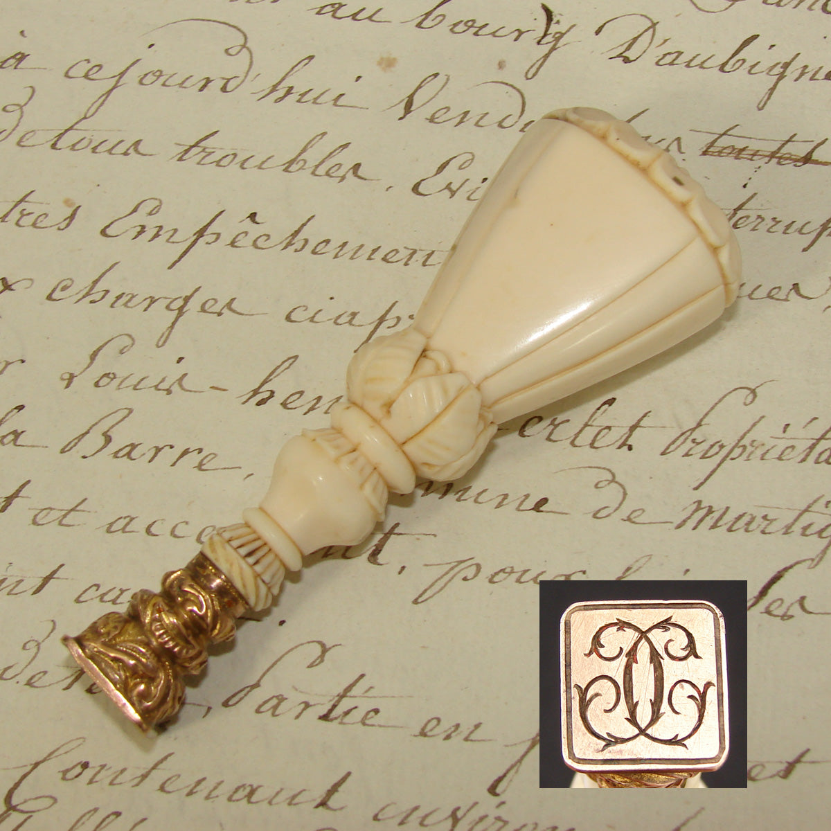 Lg Antique Victorian Era Carved Ivory Writer's Wax Seal or Sceau, Gilded Matrix