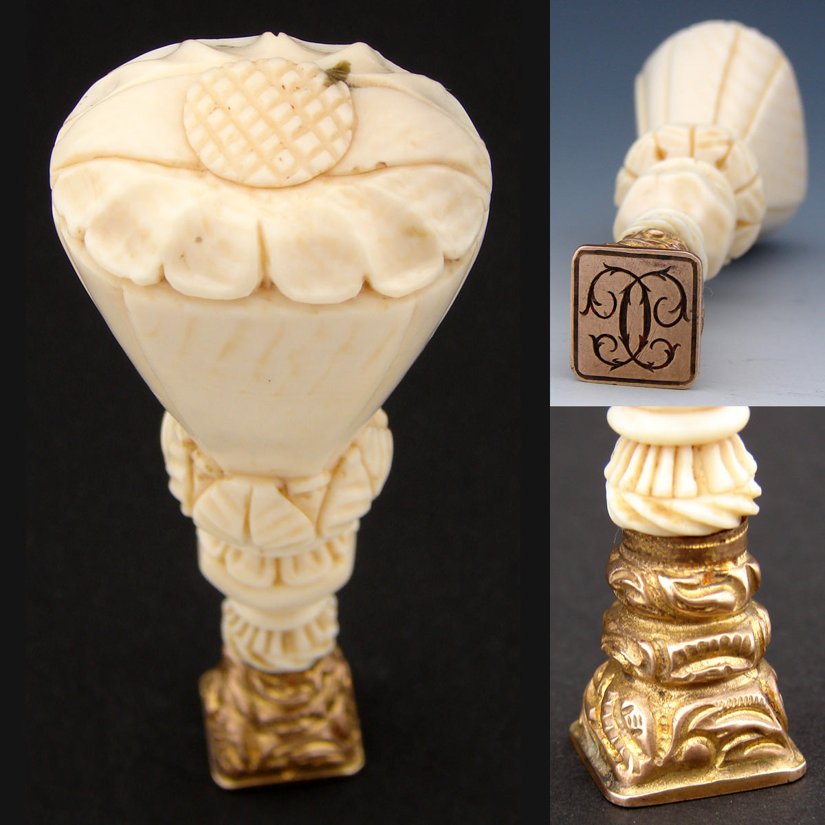 Lg Antique Victorian Era Carved Ivory Writer's Wax Seal or Sceau, Gilded Matrix