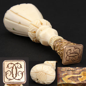 Lg Antique Victorian Era Carved Ivory Writer's Wax Seal or Sceau, Gilded Matrix