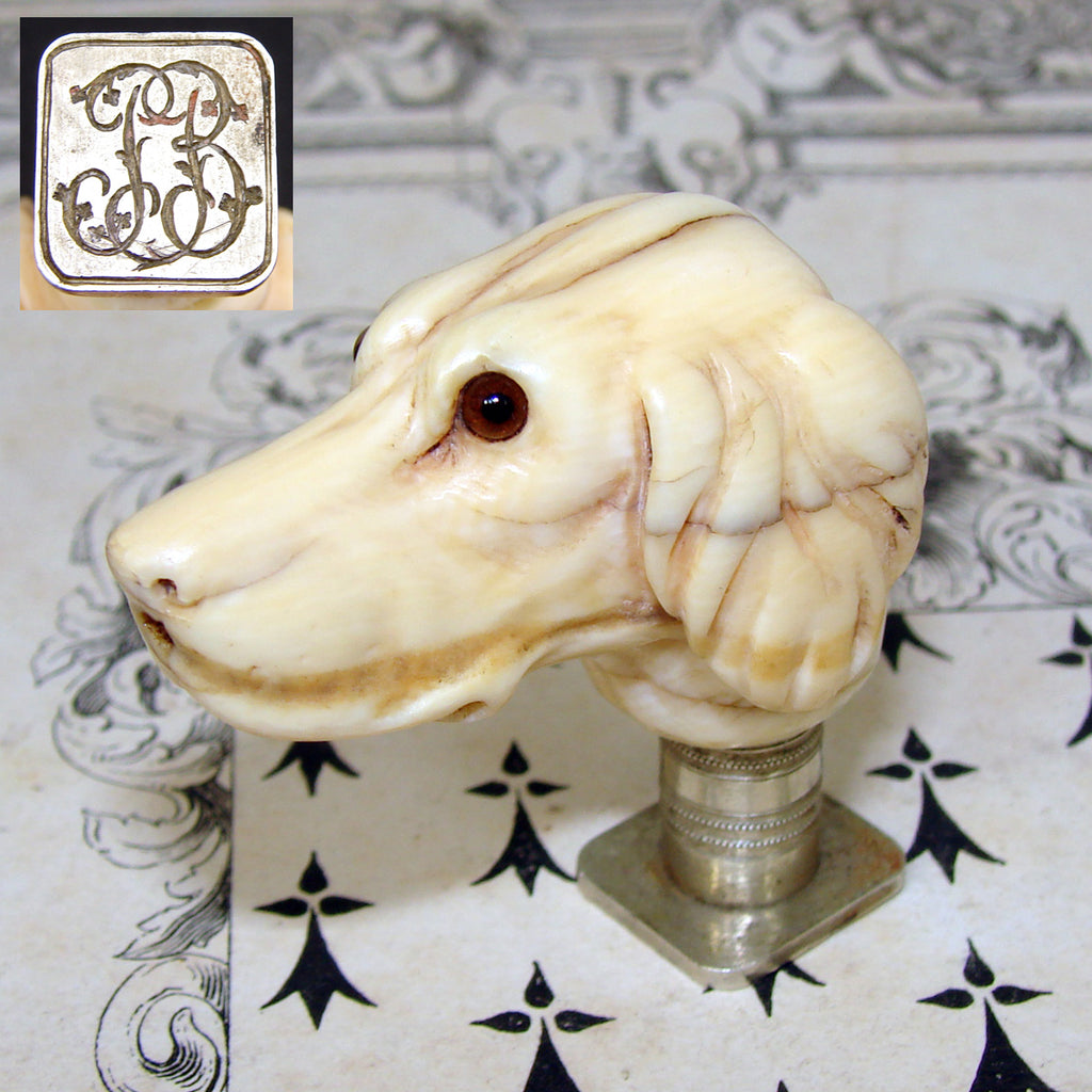 Antique Victorian Era Hand Carved Ivory Wax Seal or Sceau, a Hound or Dog Head