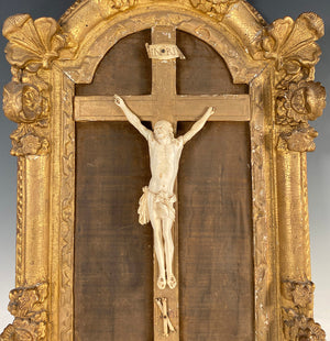 Large Antique French 18th Century Dieppe Carved Ivory Christ Crucifix in Original 21" x 14" Frame