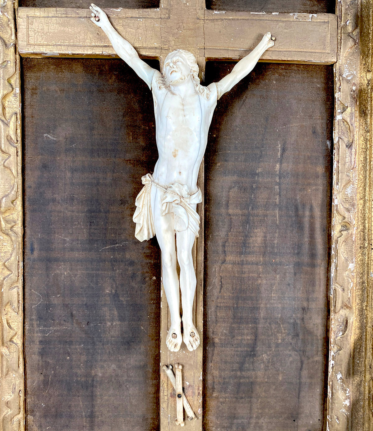 Large Antique French 18th Century Dieppe Carved Ivory Christ Crucifix in Original 21" x 14" Frame