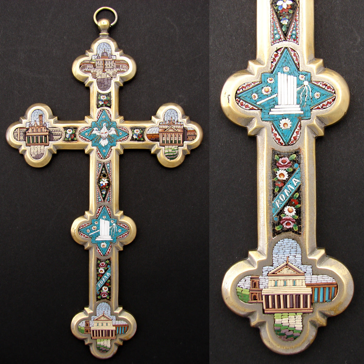 Fine 8.5" Tall 19th Century Italian Grand Tour Souvenir Micro Mosaic Cross, Dove and 4 Architectural Scenes