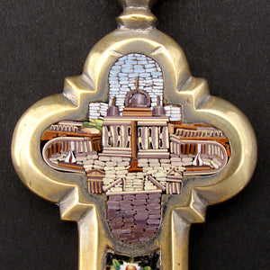 Fine 8.5" Tall 19th Century Italian Grand Tour Souvenir Micro Mosaic Cross, Dove and 4 Architectural Scenes