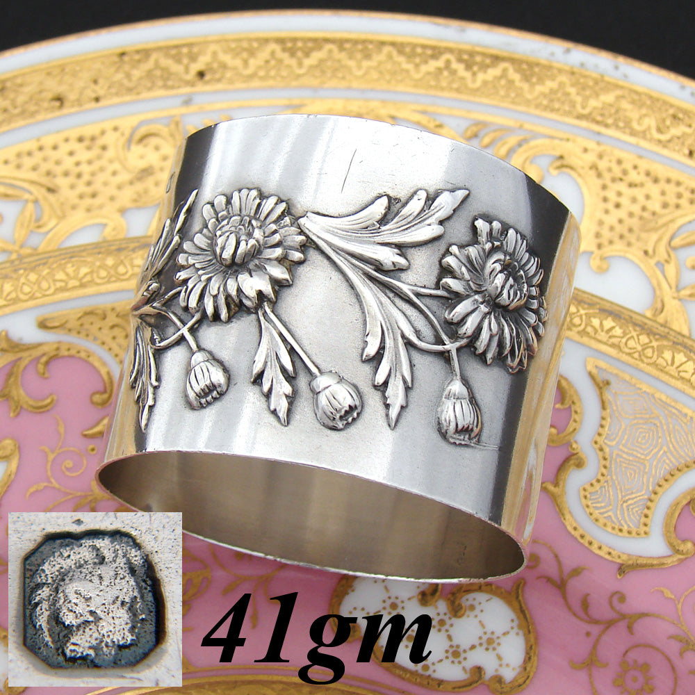 Lovely Antique French Sterling Silver Napkin Ring, Raised Floral with "Robert" Inscription