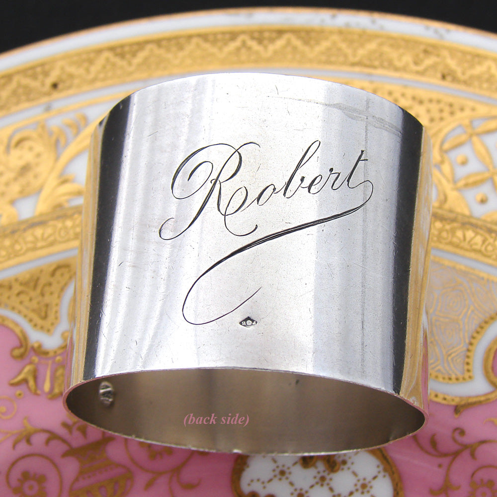 Lovely Antique French Sterling Silver Napkin Ring, Raised Floral with "Robert" Inscription