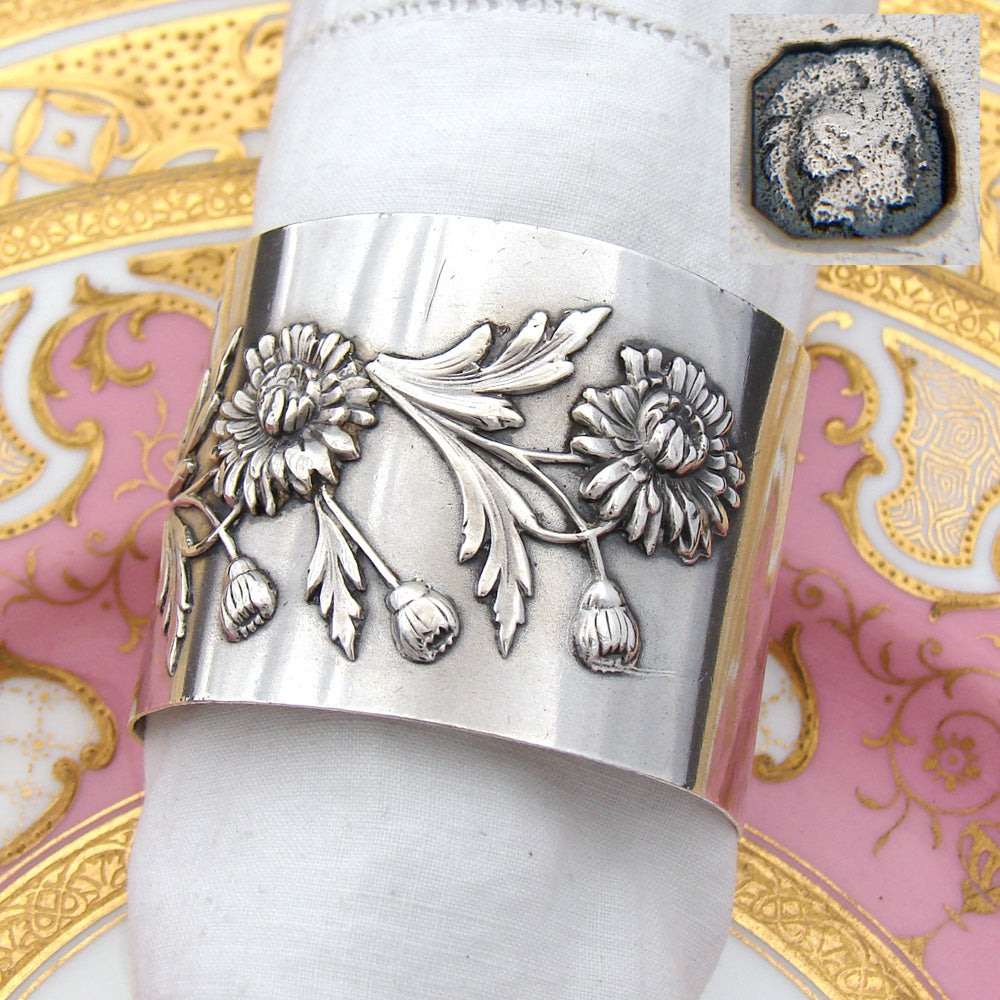 Lovely Antique French Sterling Silver Napkin Ring, Raised Floral with "Robert" Inscription