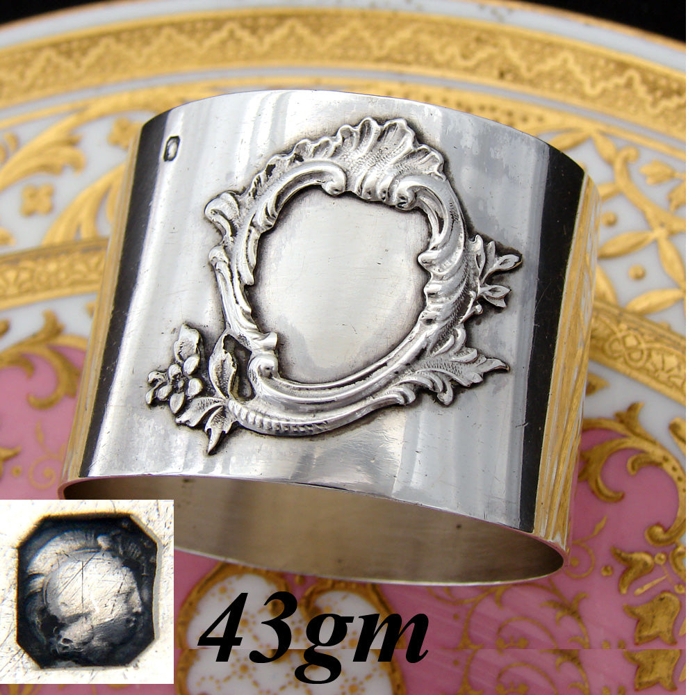Antique French Sterling Silver 2" Napkin Ring, Rococo Style Medallion Sans Monogram