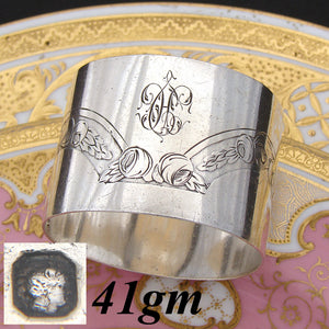 Antique French Sterling Silver 2" Napkin Ring, Floral & Foliate Band with "HC" Monogram